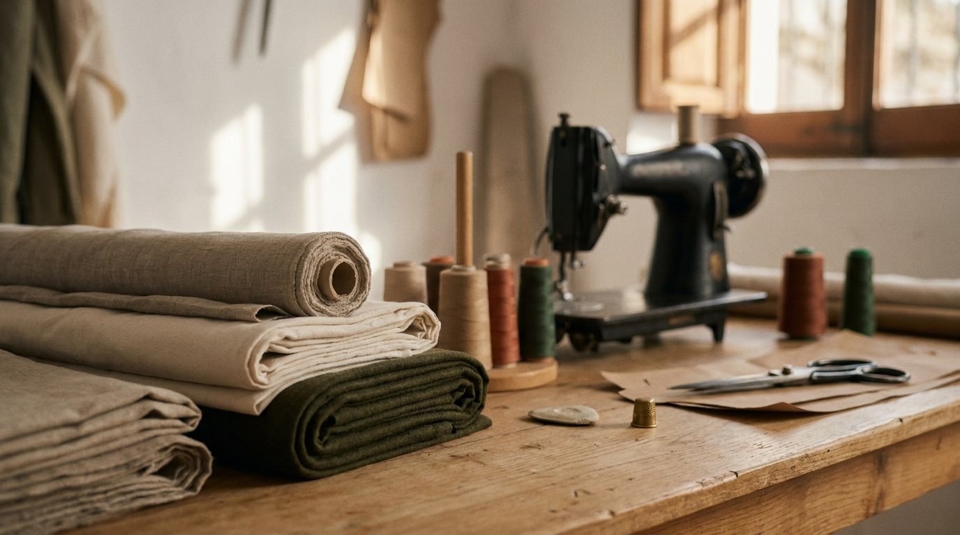 Telas de lino y lana, hilos y máquina de coser en el taller Dedalete