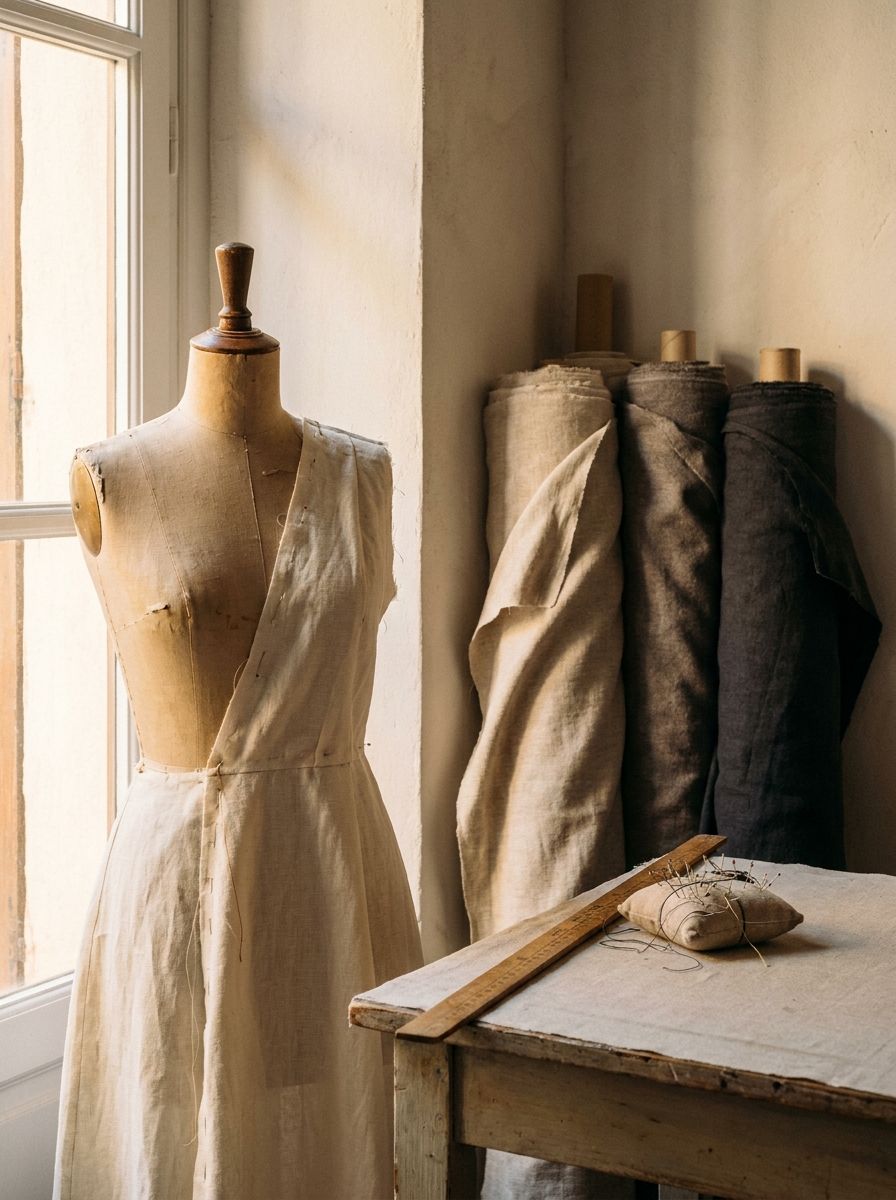 Vestido de lino a medida sobre maniquí en el taller Dedalete