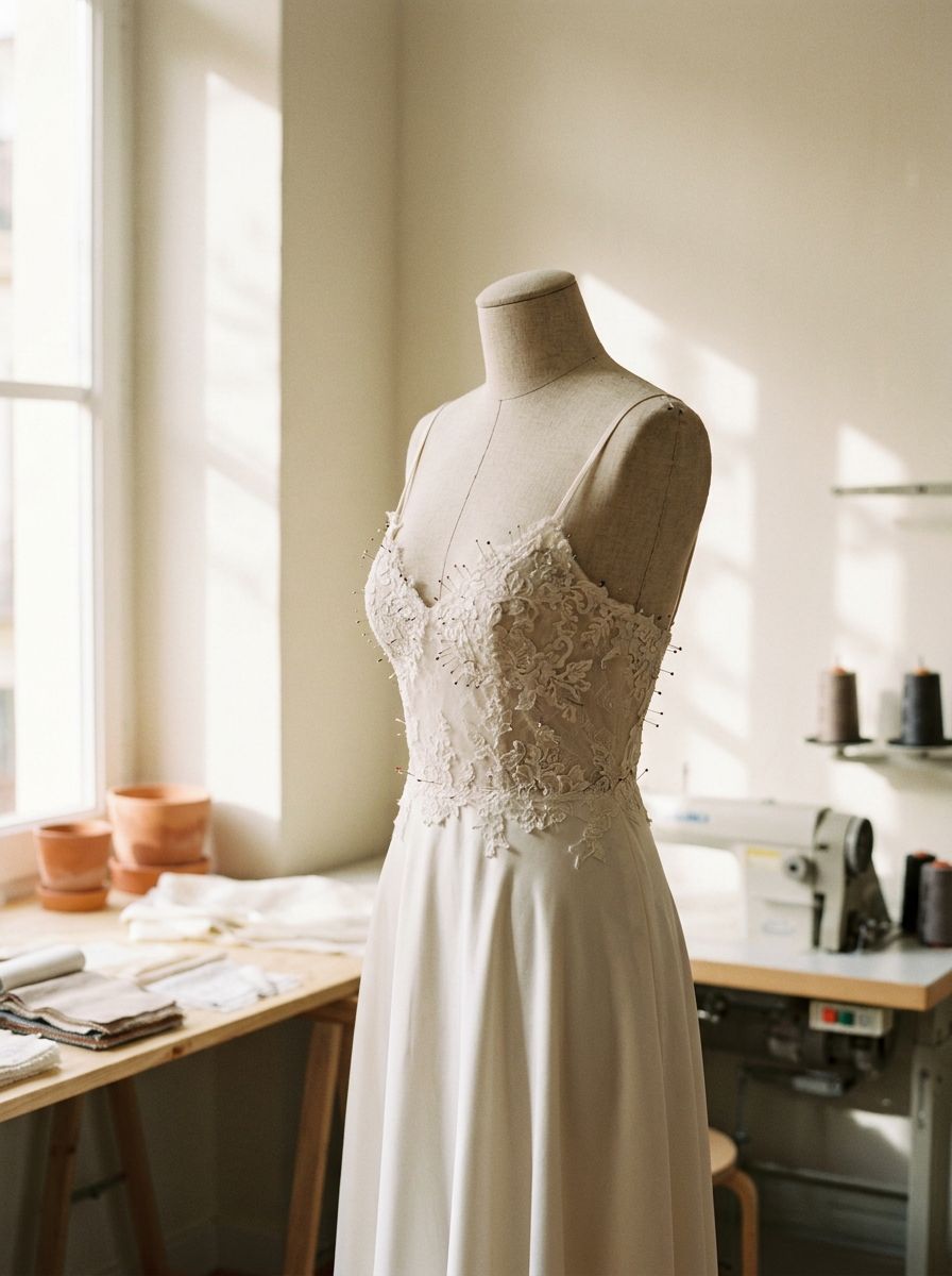 Vestido de novia de seda entallado sobre maniquí
